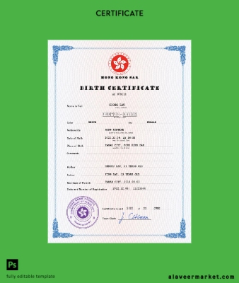 Hong-Kong vital record birth Sertifika PSD Şablon