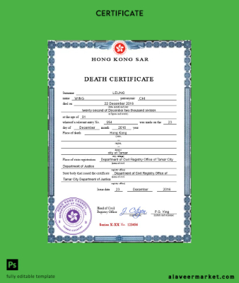 Hong-Kong vital record death Sertifika PSD Şablon