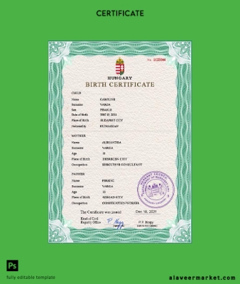 Macaristan birth Sertifika PSD Şablon