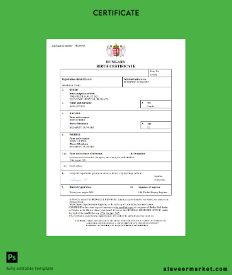 Macaristan vital record birth Sertifika Word and PDF Şablon