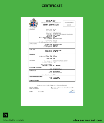 İzlanda vital record death Sertifika Word and PDF Şablon