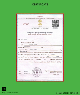 Hindistan Government of Gujarat marriage Sertifika Şablon in PSD format