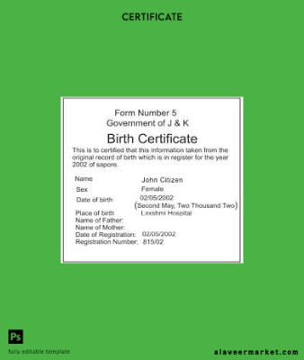 Hindistan Government of J. & K. birth Sertifika