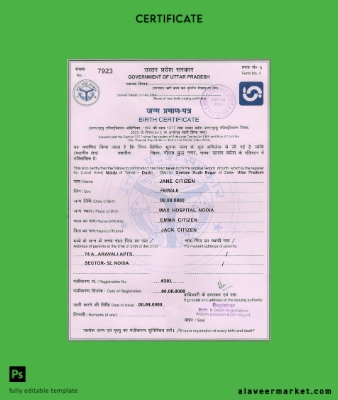 Hindistan Government of Uttar Pradesh birth Sertifika Şablon in PSD format,