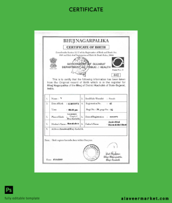 Hindistan Gujarat Sertifika of birth