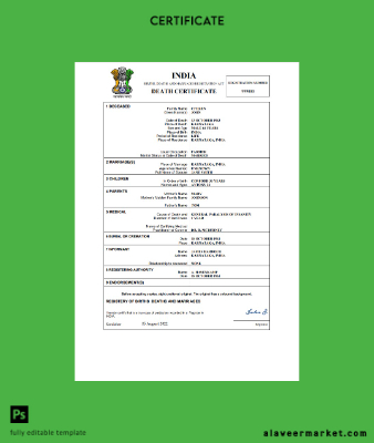 Hindistan death Sertifika Word and PDF Şablon