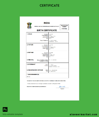 Hindistan vital record birth Sertifika Word and PDF Şablon
