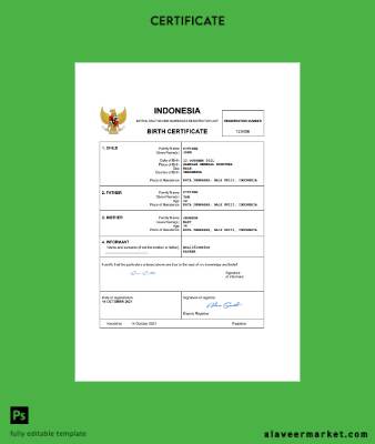 Endonezya birth Sertifika Word and PDF Şablon