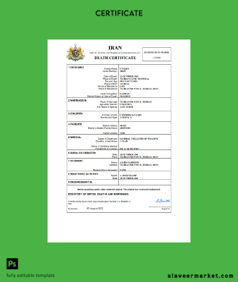 İran death Sertifika Word and PDF Şablon