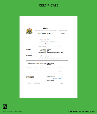 İran vital record birth Sertifika Word and PDF Şablon