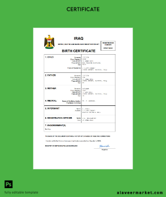 Irak birth Sertifika Word and PDF Şablon