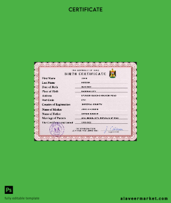 Irak vital record birth Sertifika PSD Şablon