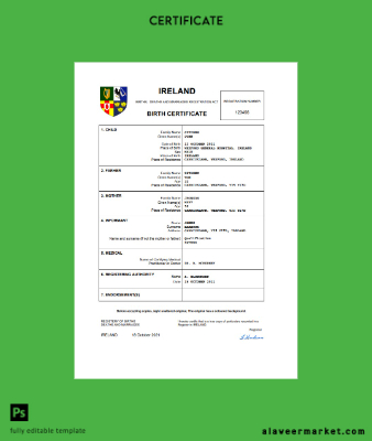İrlanda birth Sertifika Word and PDF Şablon