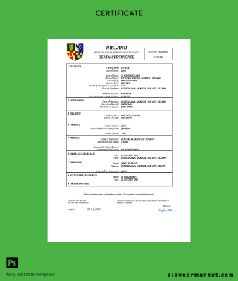 İrlanda vital record death Sertifika Word and PDF Şablon