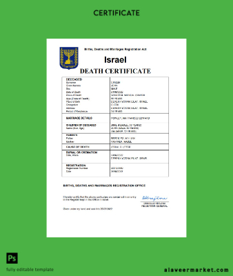 İsrail death Sertifika Word and PDF Şablon