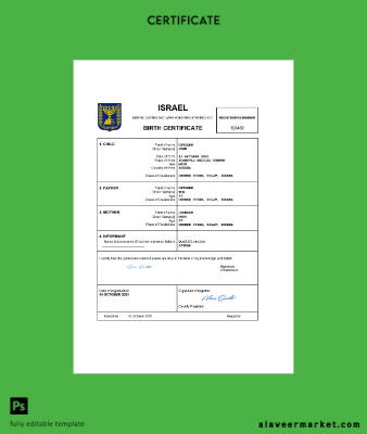 İsrail vital record birth Sertifika Word and PDF Şablon