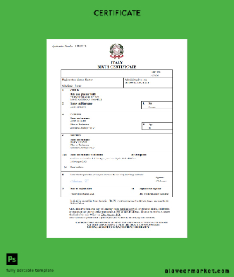 İtalya birth Sertifika Word and PDF Şablon completely Düzenlenebilir