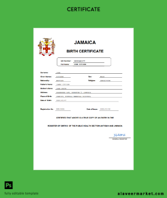 Jamaica vital record birth Sertifika Word and PDF Şablon