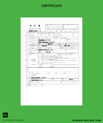 Japonya birth Sertifika (日本の出生証明書) Word and PDF Şablon fully Düzenlenebilir