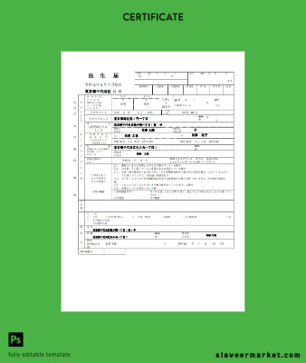 Japonya vital record birth Sertifika in Word and PDF format Şablon
