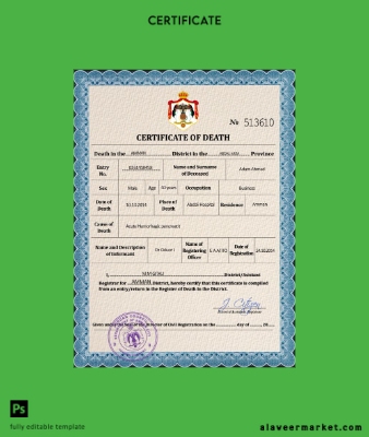 Ürdün vital record death Sertifika PSD Şablon
