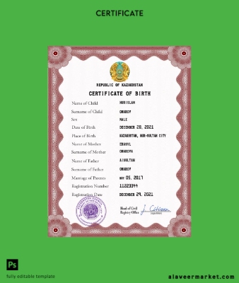 Kazakistan birth Sertifika PSD Şablon