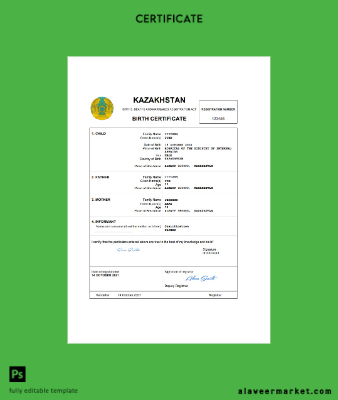 Kazakistan vital record birth Sertifika Word and PDF Şablon