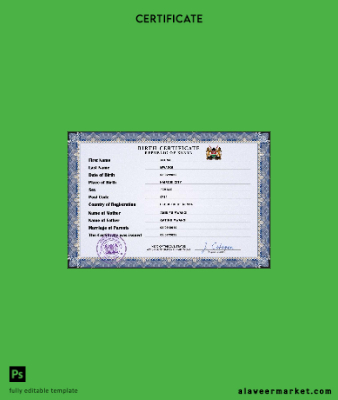 Kenya vital record birth Sertifika PSD Şablon