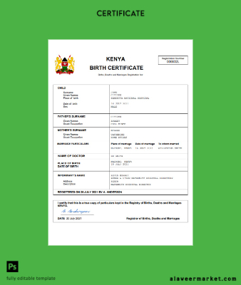 Kenya vital record birth Sertifika Word and PDF Şablon