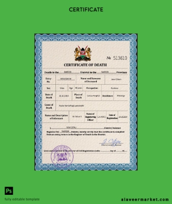 Kenya vital record death Sertifika PSD Şablon