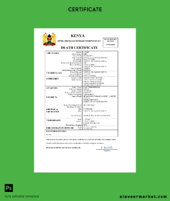 Kenya vital record death Sertifika Word and PDF Şablon
