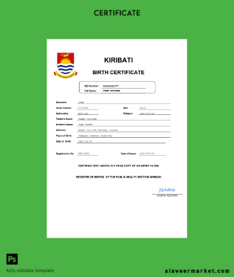 Kiribati birth Sertifika Word and PDF Şablon