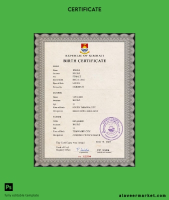 Kiribati vital record birth Sertifika PSD Şablon