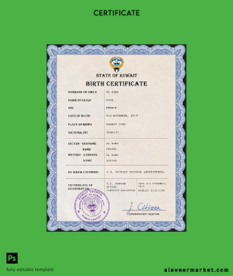 Kuveyt vital record birth Sertifika PSD Şablon