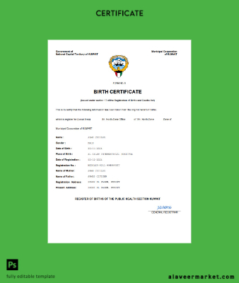 Kuveyt vital record birth Sertifika Word and PDF Şablon