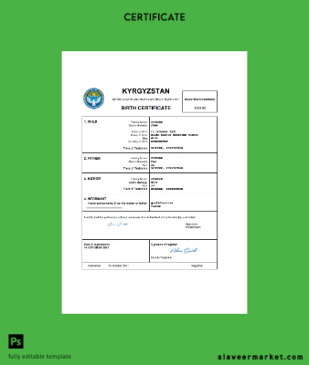Kyrgyzstan birth Sertifika Word and PDF Şablon
