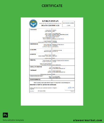 Kyrgyzstan death Sertifika Word and PDF Şablon