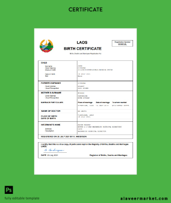 Laos birth Sertifika Word and PDF Şablon