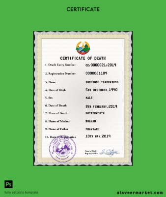 Laos vital record death Sertifika PSD Şablon