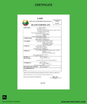 Laos vital record death Sertifika Word and PDF Şablon