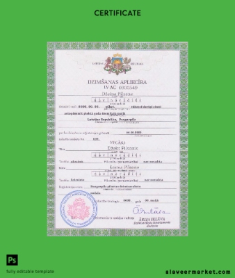 Letonya birth Sertifika Şablon in PSD format
