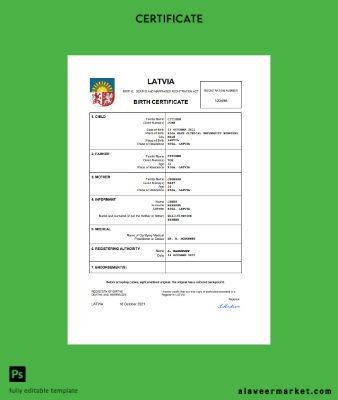 Letonya vital record birth Sertifika Word and PDF Şablon