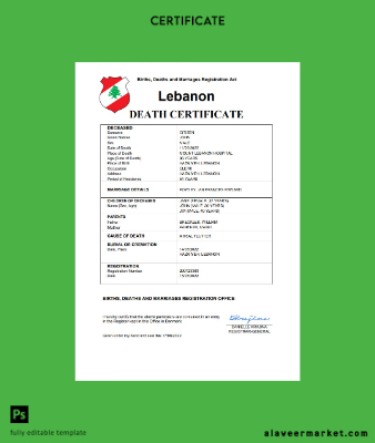 Lübnan death Sertifika Word and PDF Şablon