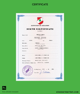 Lübnan vital record birth Sertifika PSD Şablon