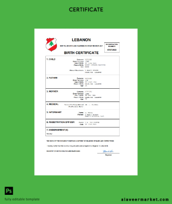 Lübnan vital record birth Sertifika Word and PDF Şablon