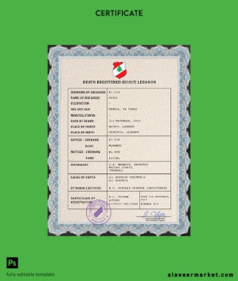 Lübnan vital record death Sertifika PSD Şablon