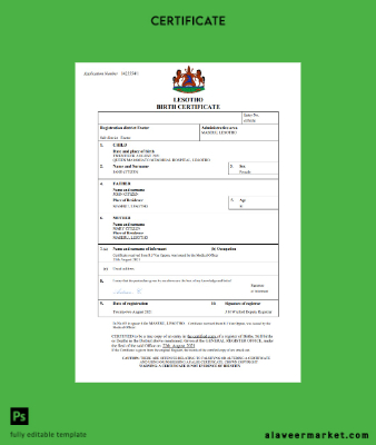 Lesotho birth Sertifika Word and PDF Şablon