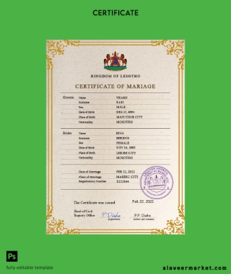 Lesotho marriage Sertifika PSD Şablon