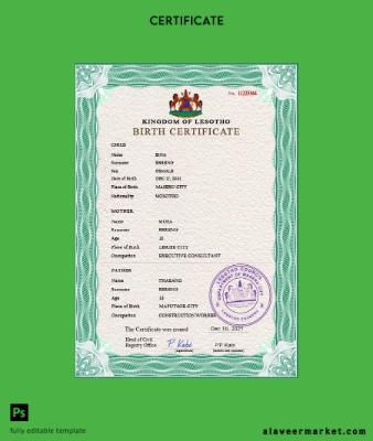 Lesotho vital record birth Sertifika PSD Şablon