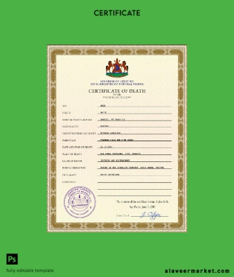 Lesotho vital record death Sertifika PSD Şablon